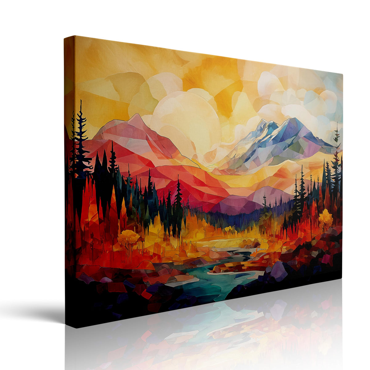 Abstract Mountain Sunset Canvas Wall Art Framed Print Color Block Painting Geometric Peaks with Forest River in Vibrant Warm Cool Tones Modern Nature Wall Decor Artwork 16x24 Inches (Red Mountain Scenery / 24"L x 16"W)