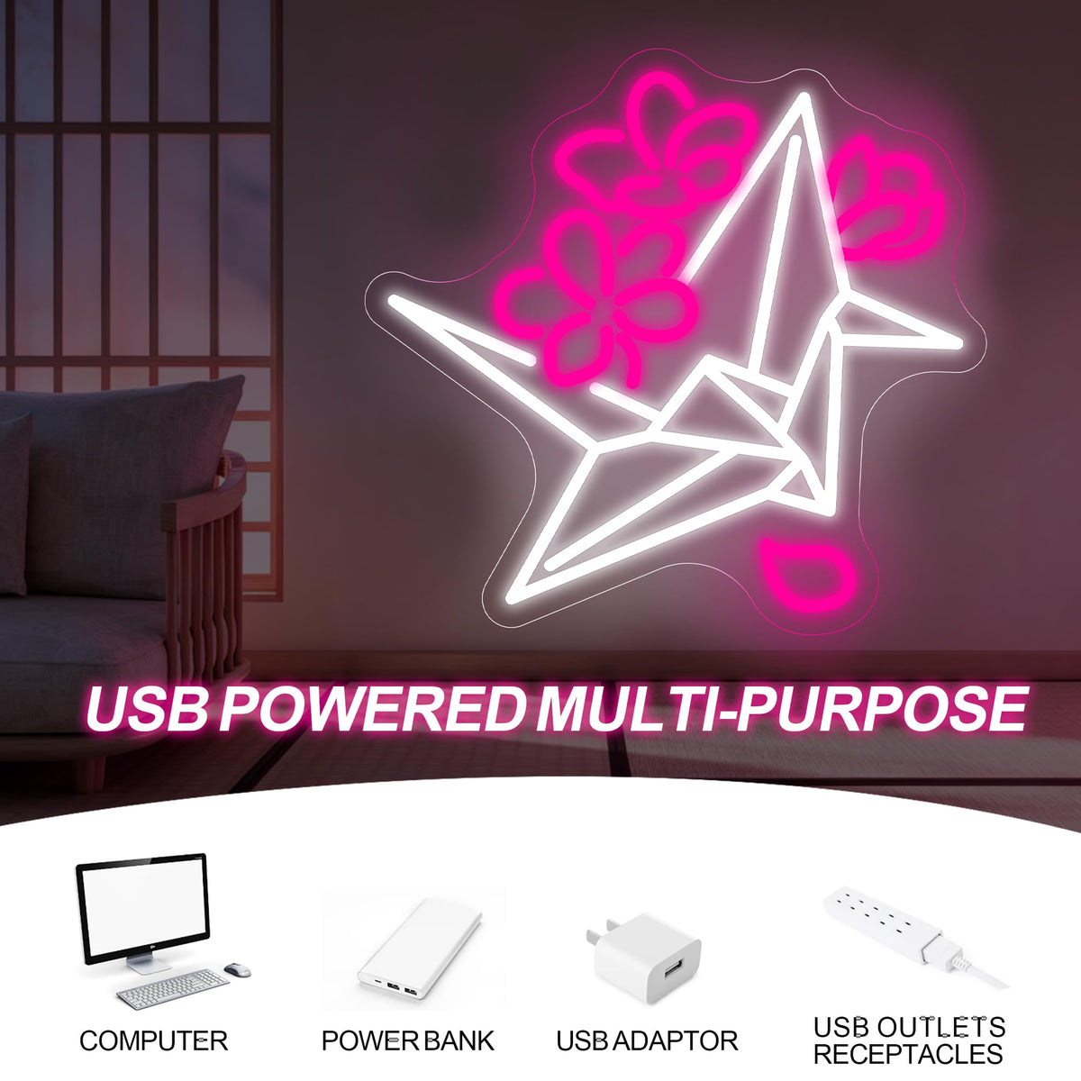 Origami Paper Crane Neon Sign for Bedroom Japanese Floral Zen Wall Decor (Origami Crane)