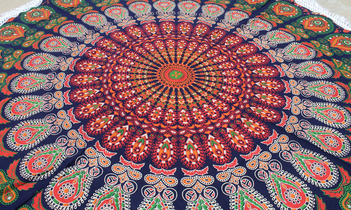 Round Beach Tapestry Turquoise Mandala Throw (5'10" (Round) / Orange and Green)