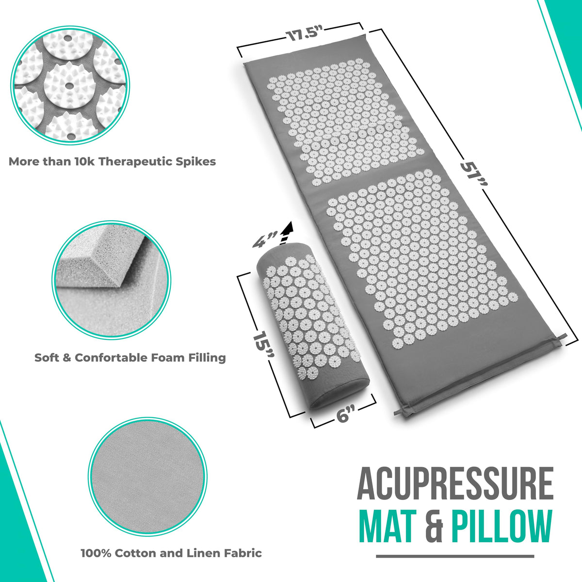 Sivan Acupressure Mat & Pillow Set for Back & Neck (Gray/White / XL)