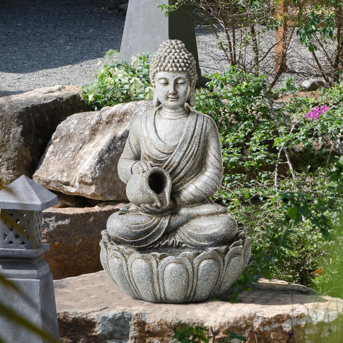 Buddha Fountain Outdoor 20.5" H (Concrete Buddha W/Lotus Basin / 20.5"H)