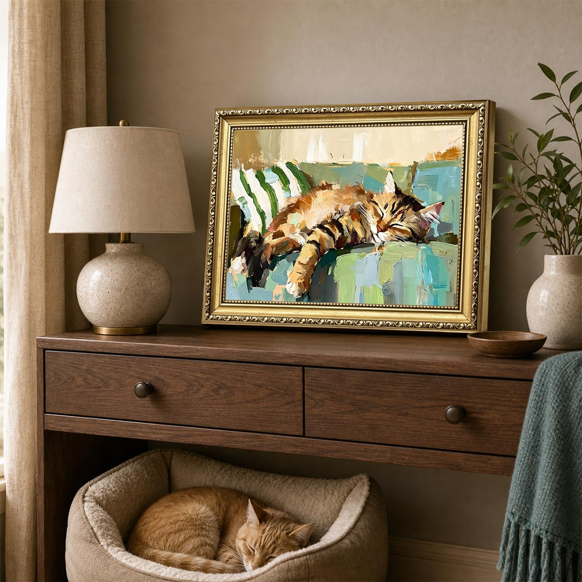 Sleeping Cat Wall Art Cute Tabby Cat Wall Decor Picture Cozy Kitty Animal Canvas Painting Print for Bedroom Living Room 12x16 inch Gold Framed (Animal-P / 16"L x 12"W)