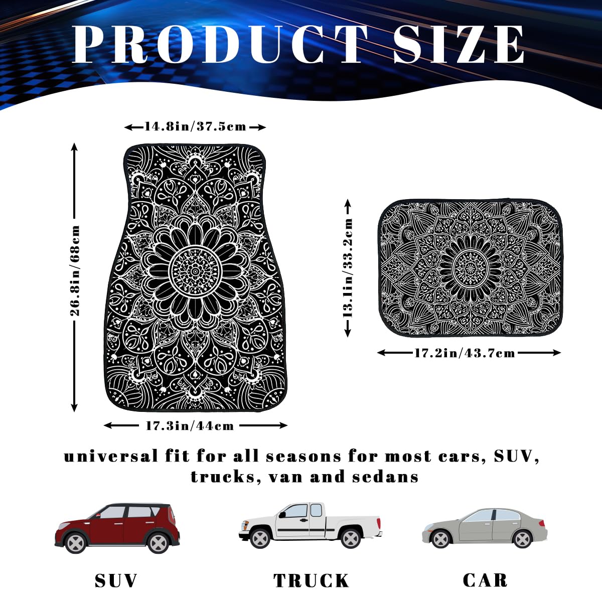 Mandala Car Floor Mats Set of 4 Black White Floral Boho Pattern Art Decorative Car Floor Carpets Front Rear Carpets Mat Non (26.8"L x 17.3"W x 0.2"Th / Mandala)