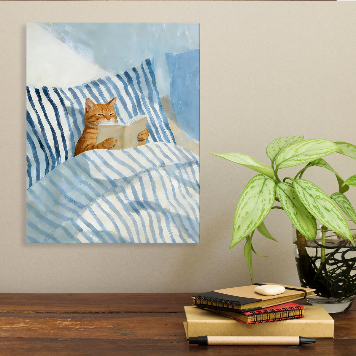 Orange Cat Reading Book Wall Art Decor 11x14 Inches (Orange Cat Reading Book)