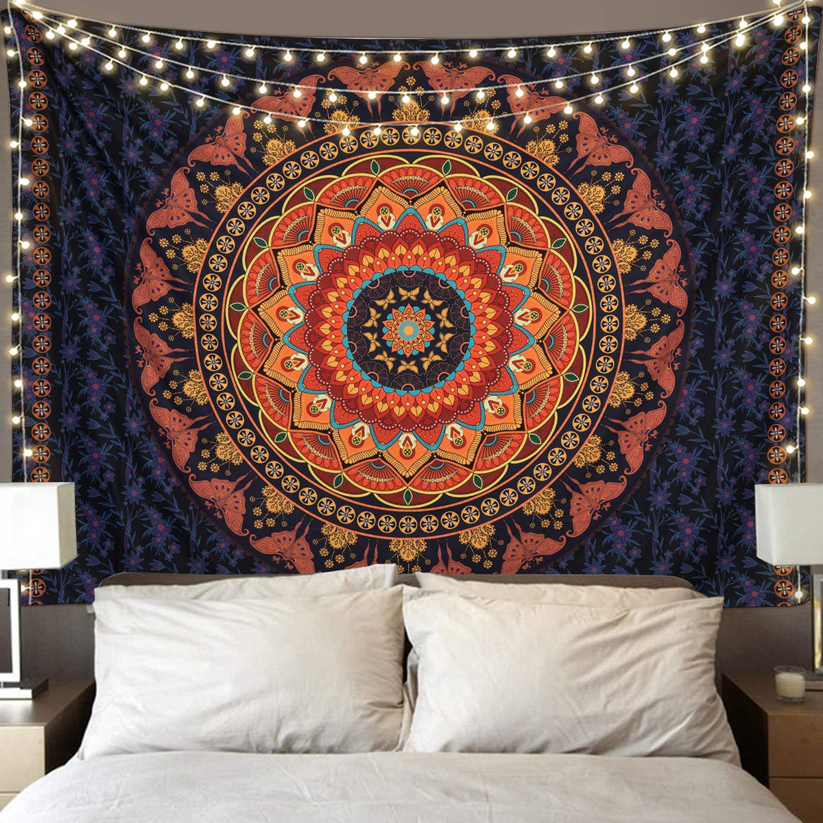Boho Mandala Tapestry Aesthetic Wall Hanging Psychedelic Hippie Butterfly Tapestries Vintage Wall Art Home Decor for Bedroom (59"L x 51"W / Mandala Tapestry -Red)