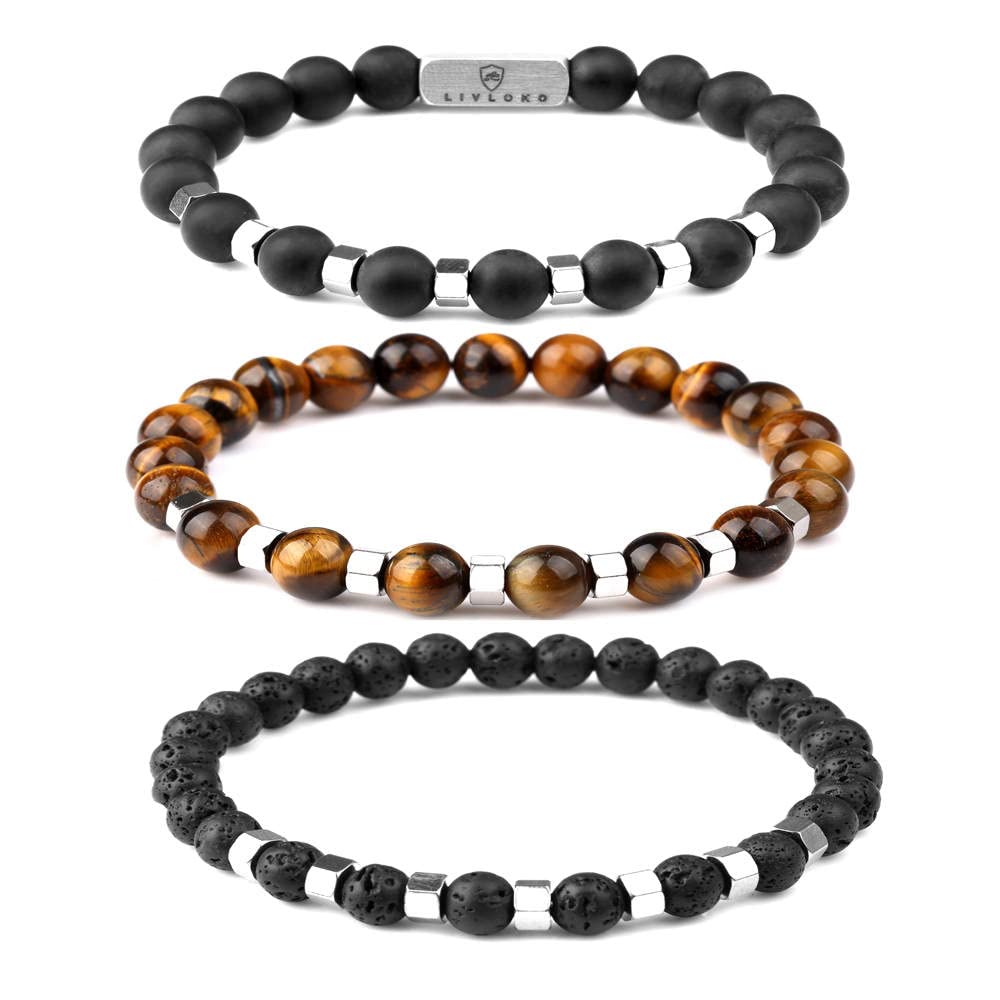 Men’s Beaded Stone Bracelet Set (K. Tiger-Eye Lavastone Agate Stacked / 8.75 IN)