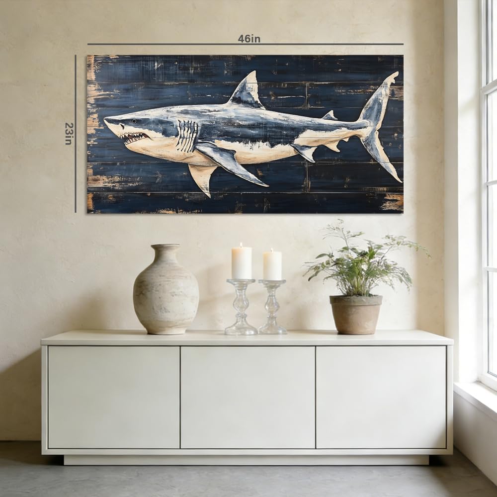 Rustic Great White Shark Canvas Wall Art Faux Wood Plank Painting Flat Print Gallery Wrapped Nautical Coastal Artwork for Living Room Bedroom Bathroom Decor (Retro / Great White Shark 12 / 58"L x 28"W)