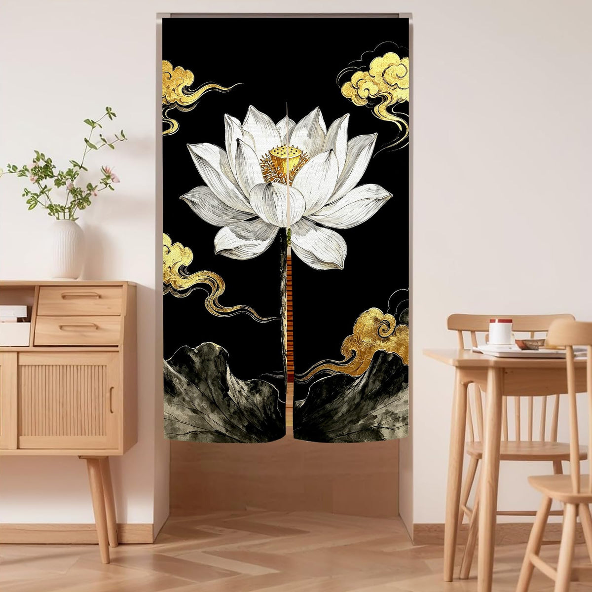 Lotus Noren Curtain (Black White / 28.3"W x 59"L (Pack of 1))