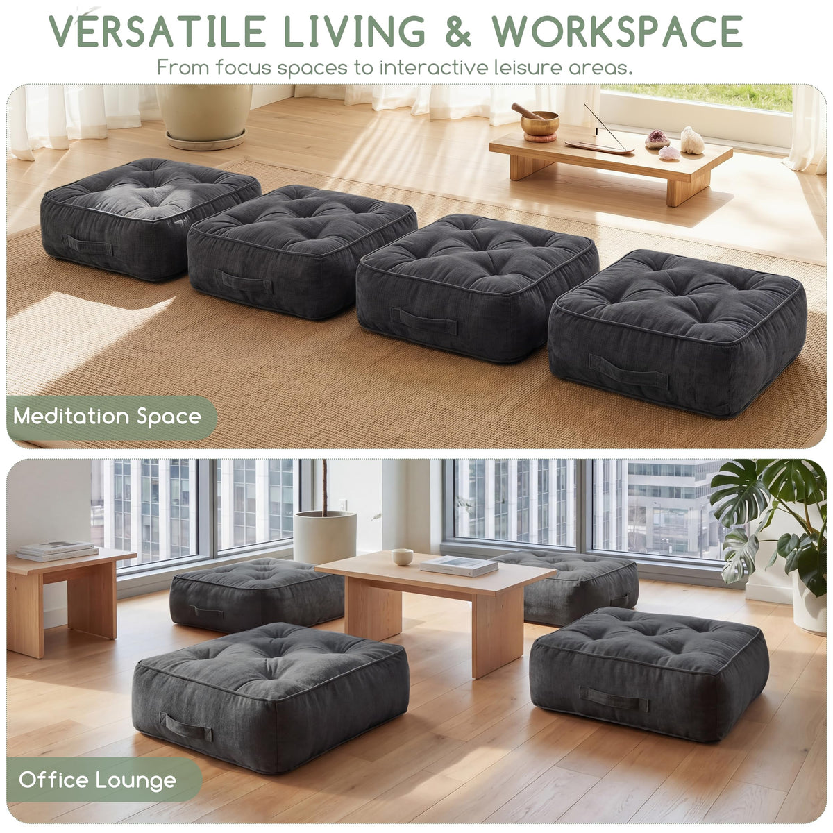 8" Extra Thick Floor Pillow Cushion for Adults (8" Thick(Pack of 2) / Square Dark Grey)