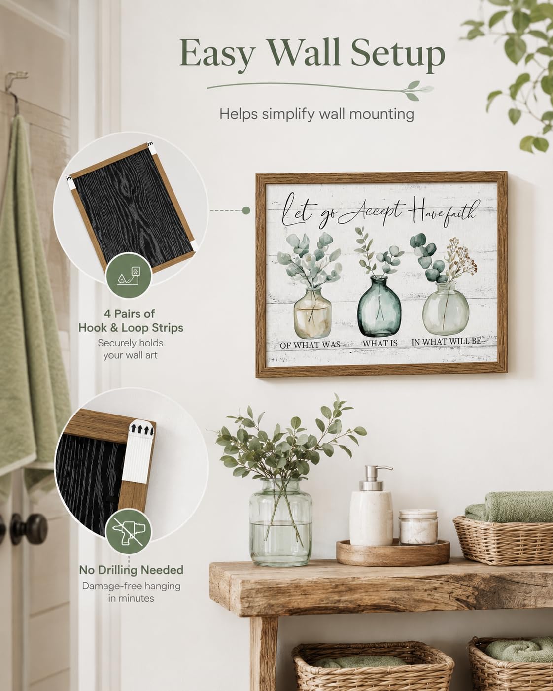 Wood Framed Botanical Inspirational Wall Art Eucalyptus Vase Wall Decor (Sage Green / 12"L x 16"W)