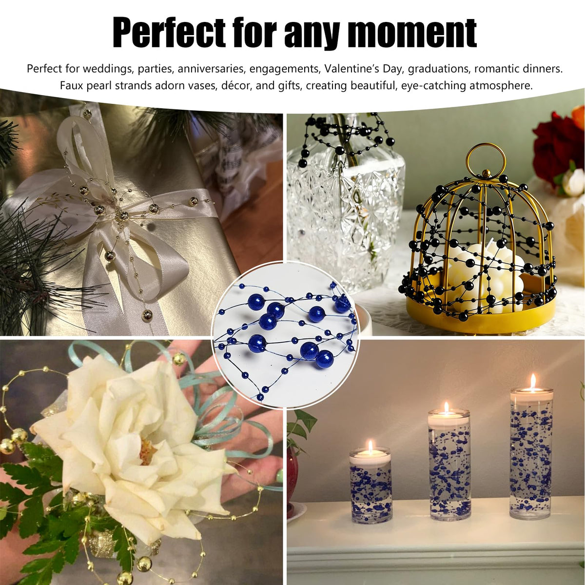 24Pcs Pearl String for Floating Candles Centerpiece (Dark Blue)