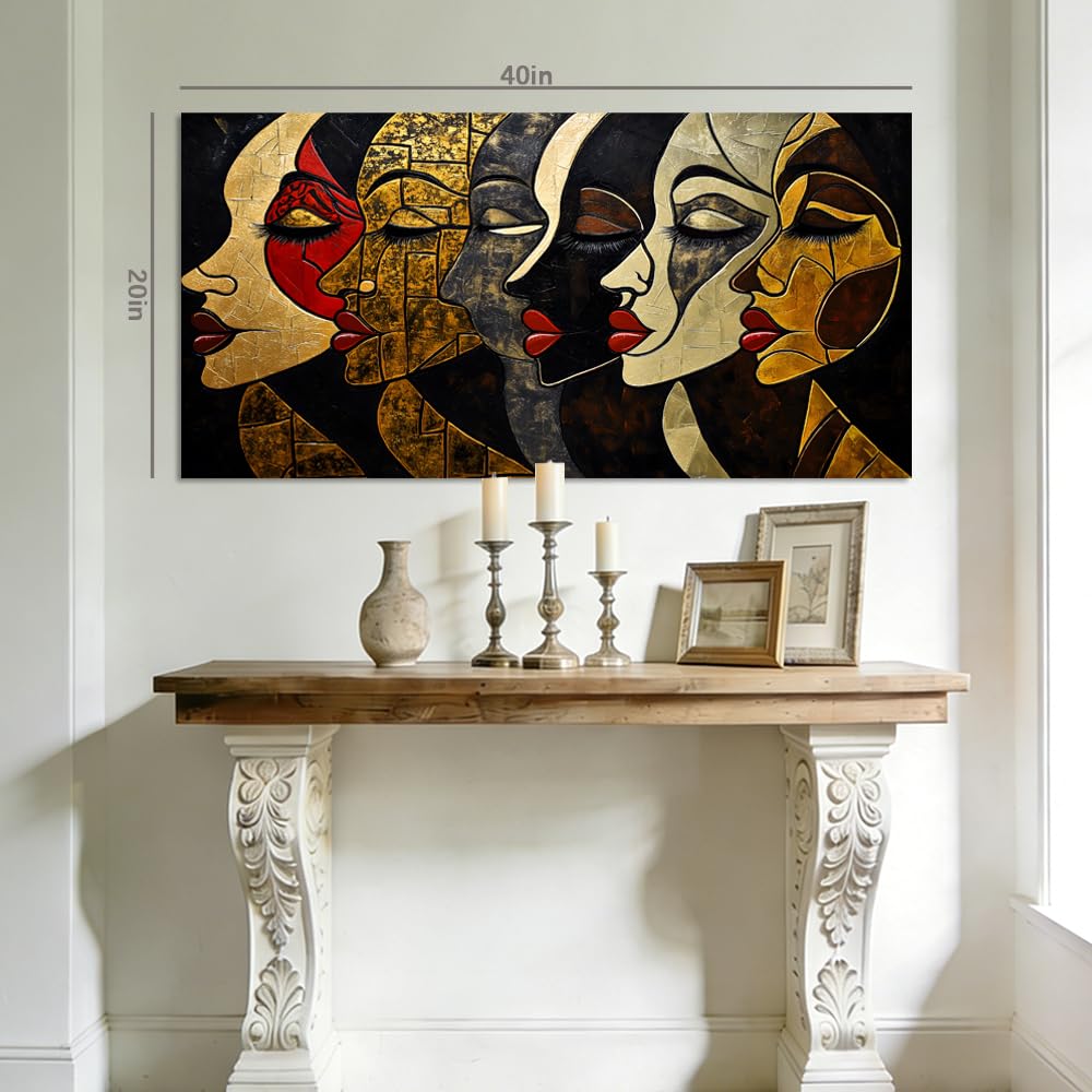 Abstract African Women Faces Canvas Wall Art Modern Tribal Portrait Painting Print Gold Black Red Geometric Artwork for Living Room Bedroom Bathroom Decor (Mysterious / Black Face Series 13 / 40"L x 20"W)