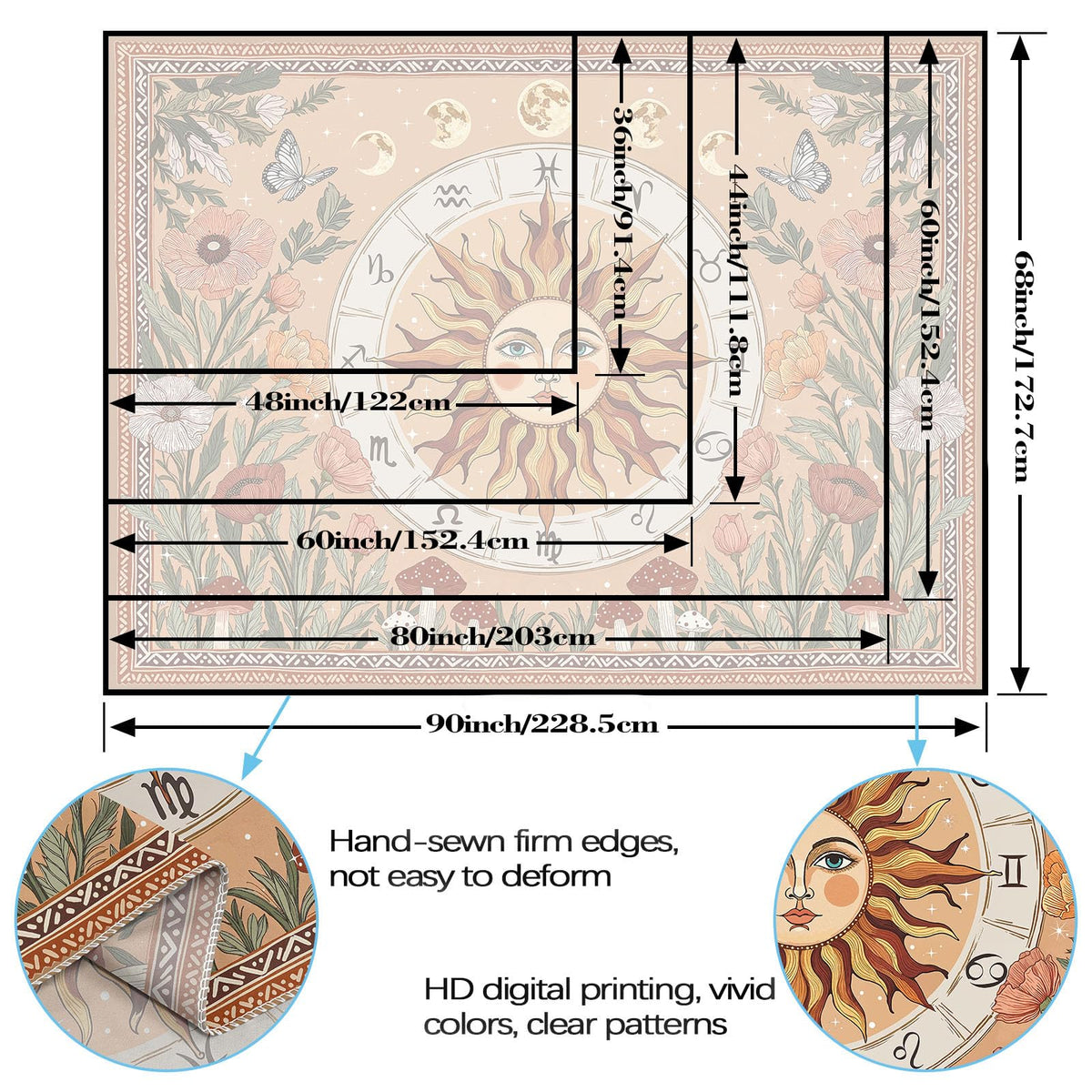 Boho Sun and Moon Vintage Mushroom Floral Tapestry 80x60 Inch (Light Red / 80"L x 60"W)