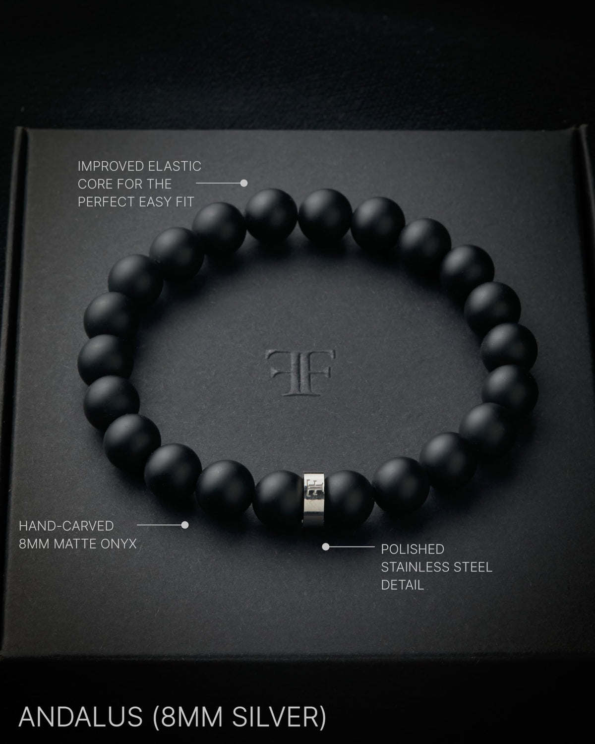 Andalus Men's Matte Black Solid Onyx Beaded Bracelet (8mm Silver / Small)