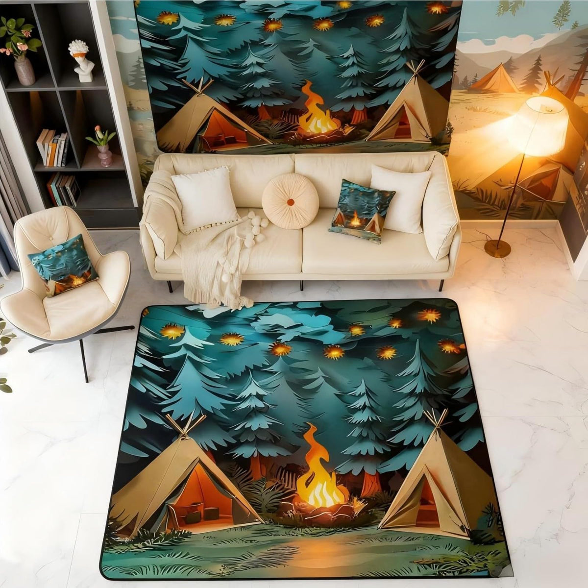 Camping Large Area Rug 5x7 Woodland Camp Living Room Rug (Brown Green / 4'11" x 6'6" (Rectangular))