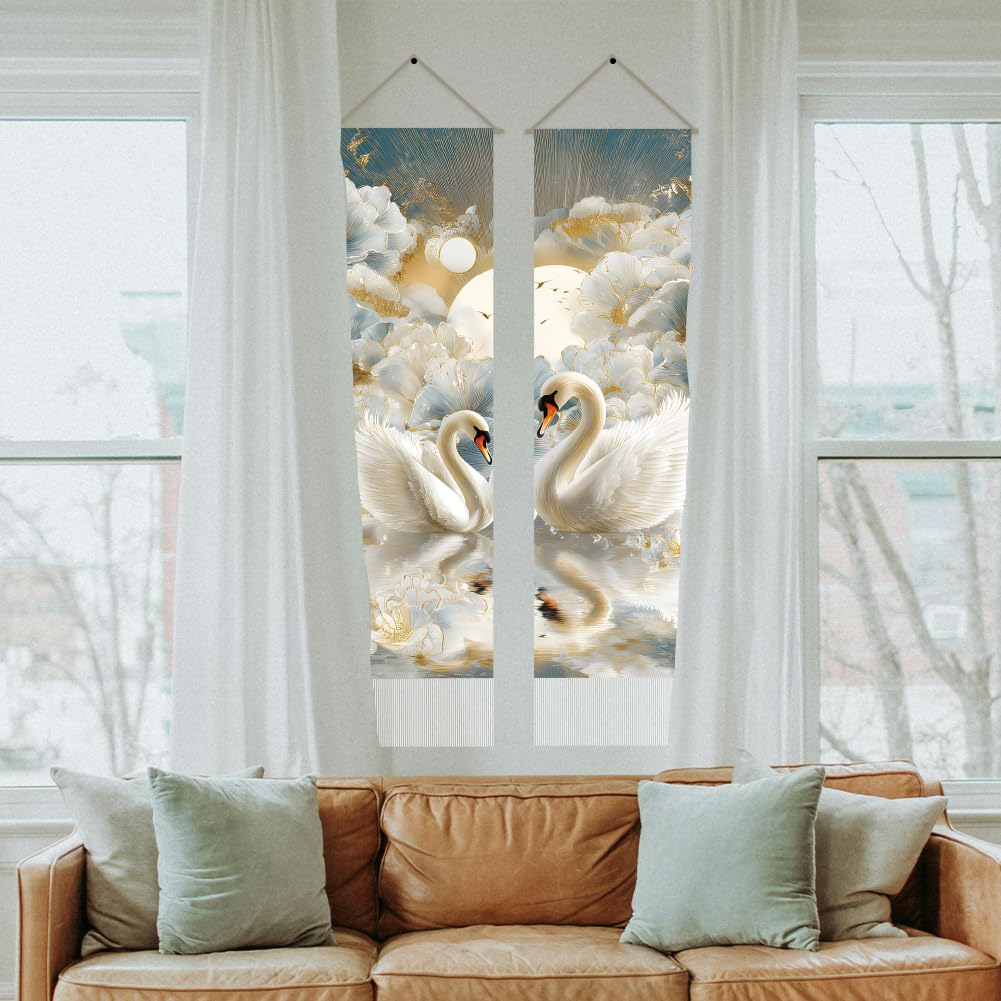 2Pcs Swan Wall Tapestry Lovers Swan Art Wall Hanging Decor Gilded Floral Vertical Long Tapestry Home Decor for Bedroom Living Room Home Office Decoration (white-swan)