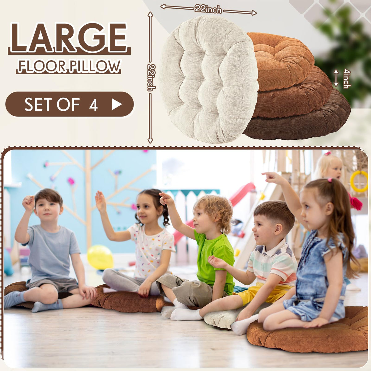 4 Pcs Brown Large Floor Pillow Cushion (Round 22 x 22 / Brown)