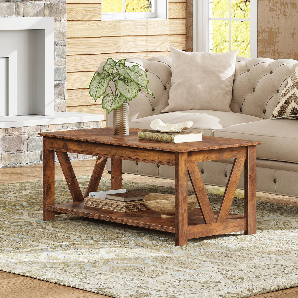 Coffee Table 43.3 Inch Farmhouse Table with Storage (Rustic Brown)