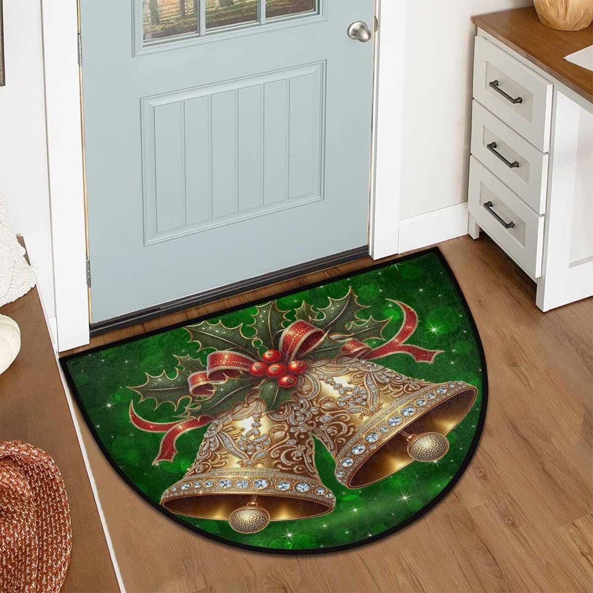 Christmas Bell Half Round Door Mat Indoor Entrance Semi Circle Area Rugs (Z Green Christmas Bell)