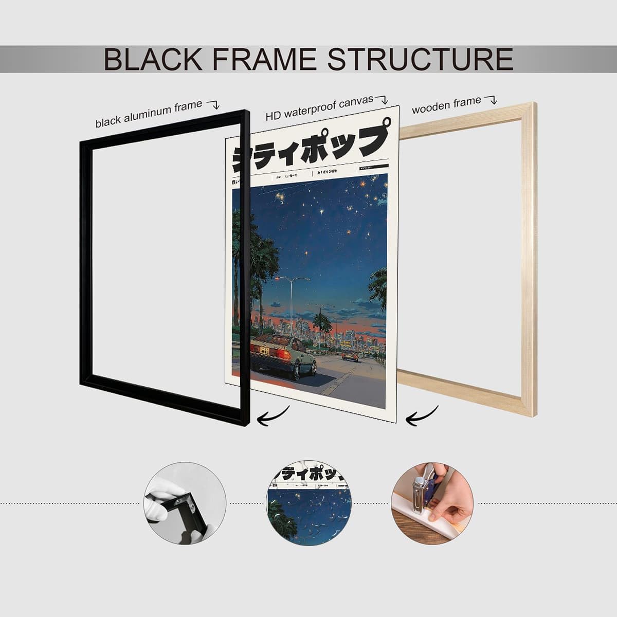 Vintage Japanese Black Framed Wall Art 90s Vaporwave Aesthetic Prints Asian Music Posters Modern Ukiyo (Black Framed / Japanese Art 012 / 30"L x 20"W)