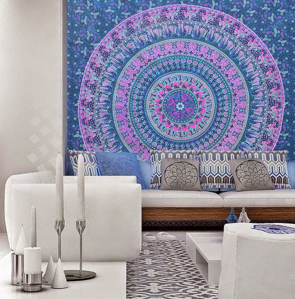 Tapestry Wall Hanging Hippie Mandala Bohemian Hippy Psychedelic Intricate Floral Design Indian Tapestries Bedspread 84 x 90 Inches (54"L x 84"W / Blue Pink)