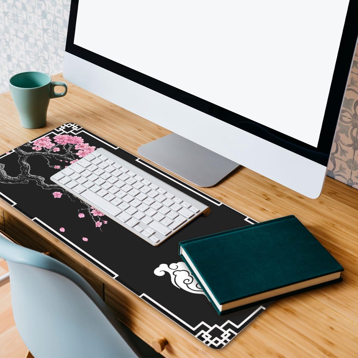 Cherry Blossom Gaming Mouse Pad Oriental Black Zen Art Extended Mousepad Waterproof Stitched Edges Rubber Base Non (31.5" x 11.8" / Cherry Blossom)