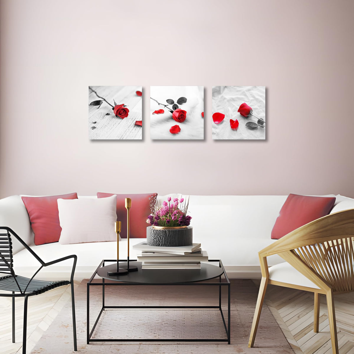 3 Pcs Modern Canvas Painting Black and White Red Rose Canvas Art Painting Abstract Wall Art Decorations Flower Picture on Canvas for Home Decor (14 x 14 inches (3-Piece Set) / C-Rose)