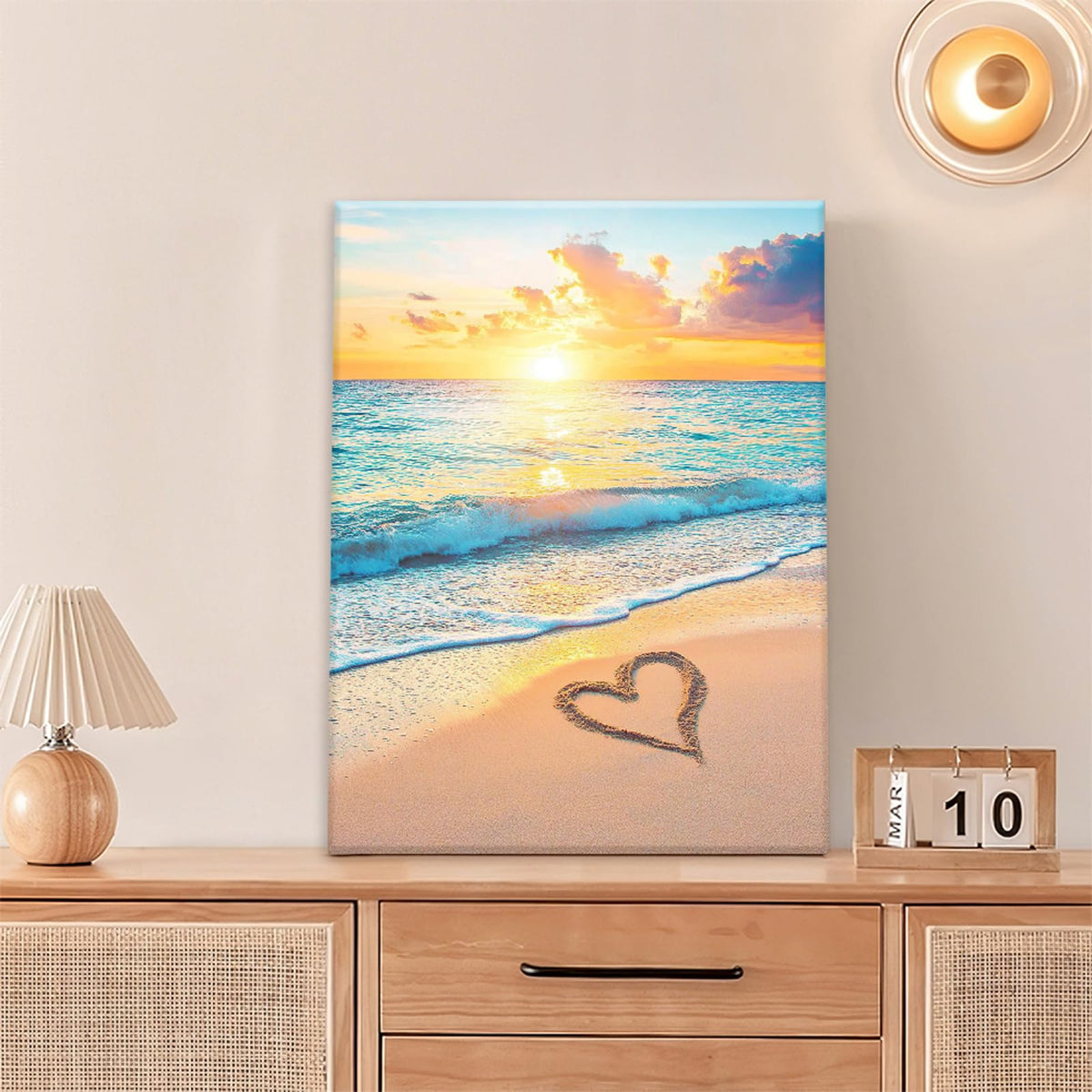 Beach Heart in Sand Wall Art Ocean Sunrise Sunset Wall Decor Pictures Painting Canvas Prints Framed Lover Gifts Home Artwork for Bathroom Bedroom Office 16"x24" (Seaside Beach Heart / 24"L x 16"W)