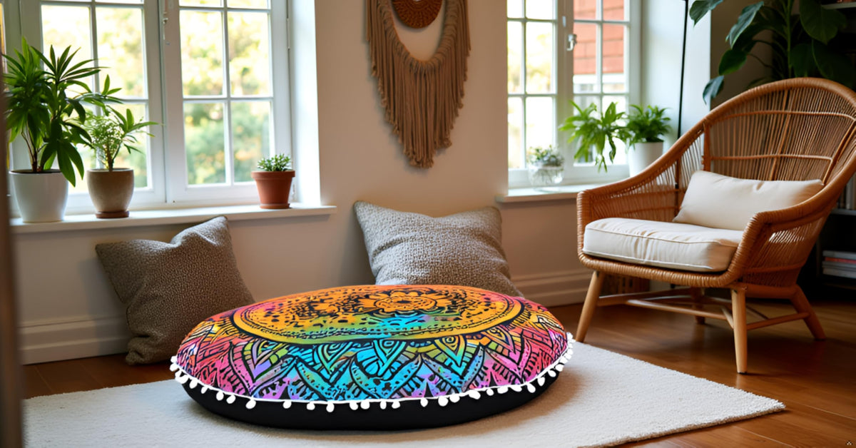 Round Mandala Boho Pillow Cover Meditation India Room Seating Poufs Cover for Living Room Yoga Home Décor Bedroom Balcony Garden Decoration Cotton Floor Cushion Cover (32" / Multi Flower)