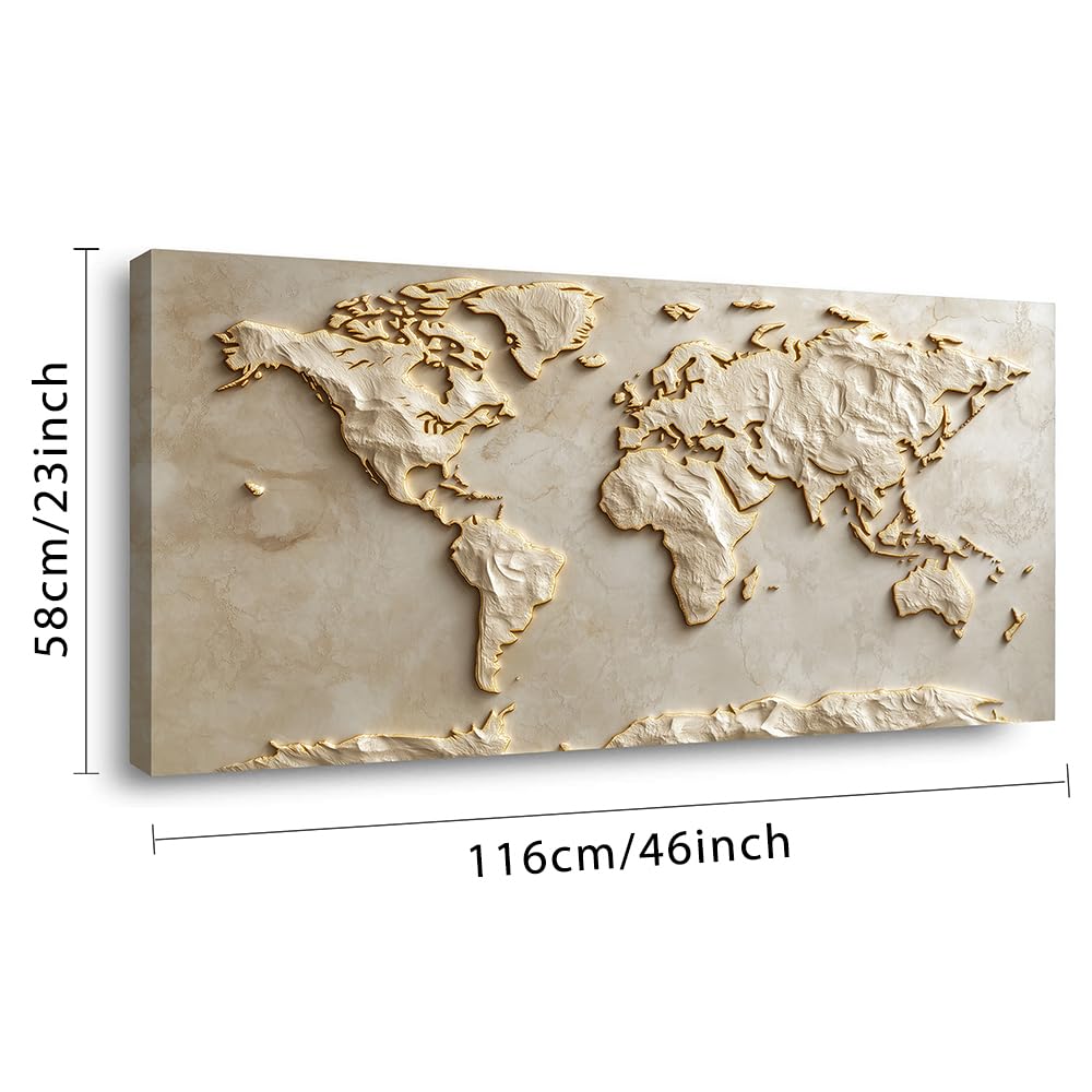 Light Gold World Map Wall Art for Living Room Office Relief (Contemporary / Light Gold World Map Wall Art / 46"L x 23"W)