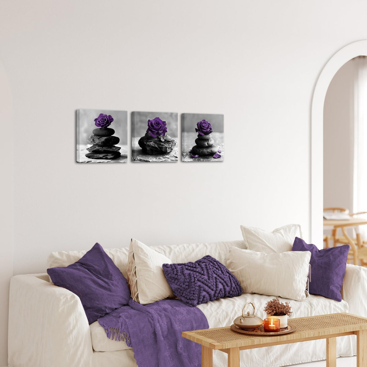 Rose Flowers Wall Art Zen Stones Picture Canvas Print Framed Modern Meditation SPA Room Bathroom Wall Decor (Purple)