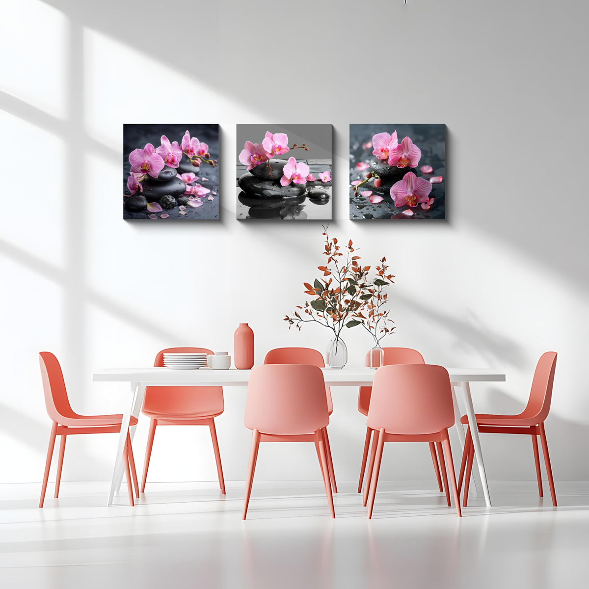 3PCS Zen Spa Canvas Wall Art Pink Orchid Flower and Black Massage Stones Print Modern Botanical Floral Artwork Relaxation Theme Wall Decor for Bathroom Bedroom Home Spa Salon Decor (16X16inchX3pcs / Pink Orchid and Black Massage Stones)