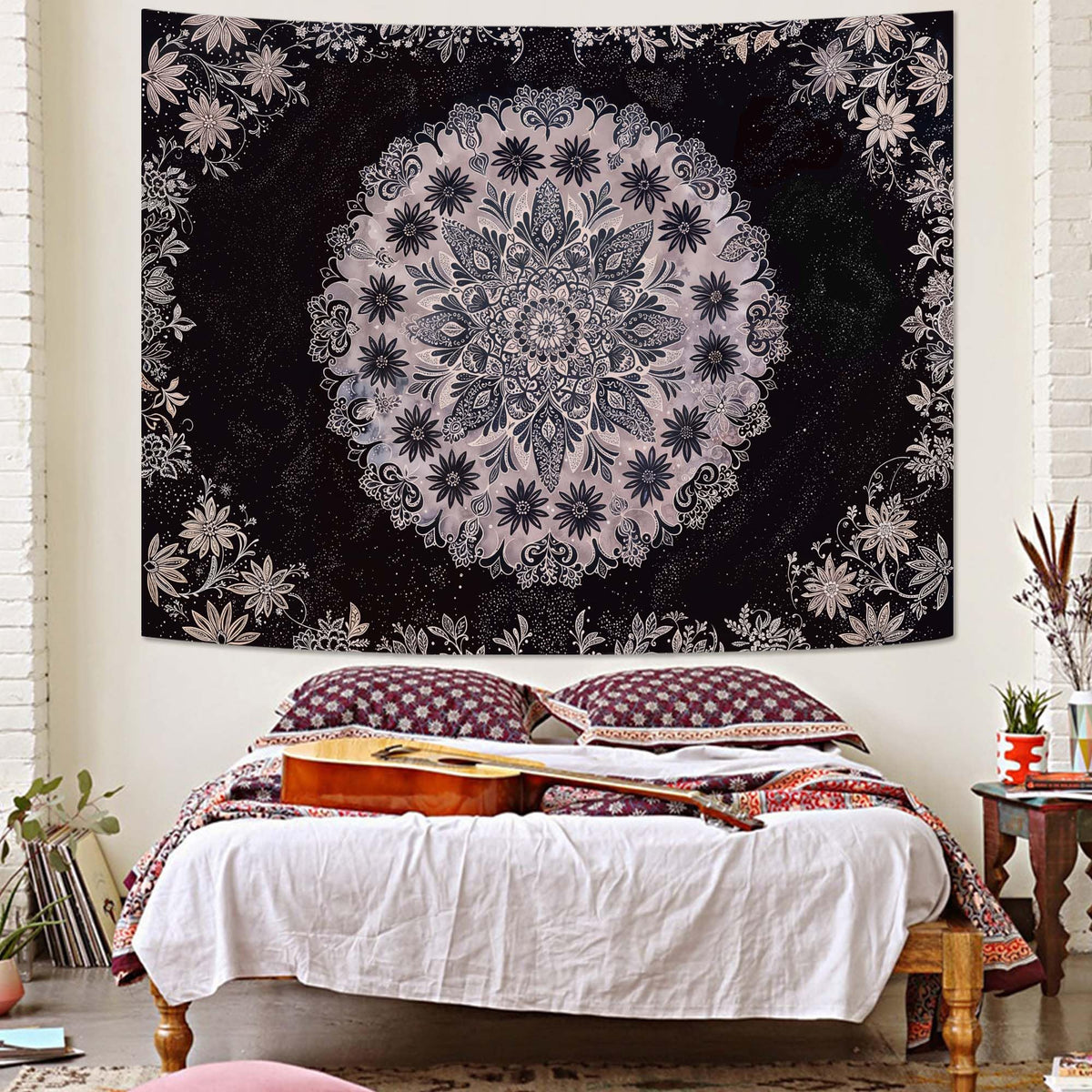 Boho Floral Mandala Tapestry Wall Hanging Grey Bohemian Flower Medallion Tapestry Aesthetic Gray Black Hippie Indian Small Tapestries for Bedroom Living Room Dorm Decor 60 x 44 Inch (Black Gray / 60"L x 44"W)
