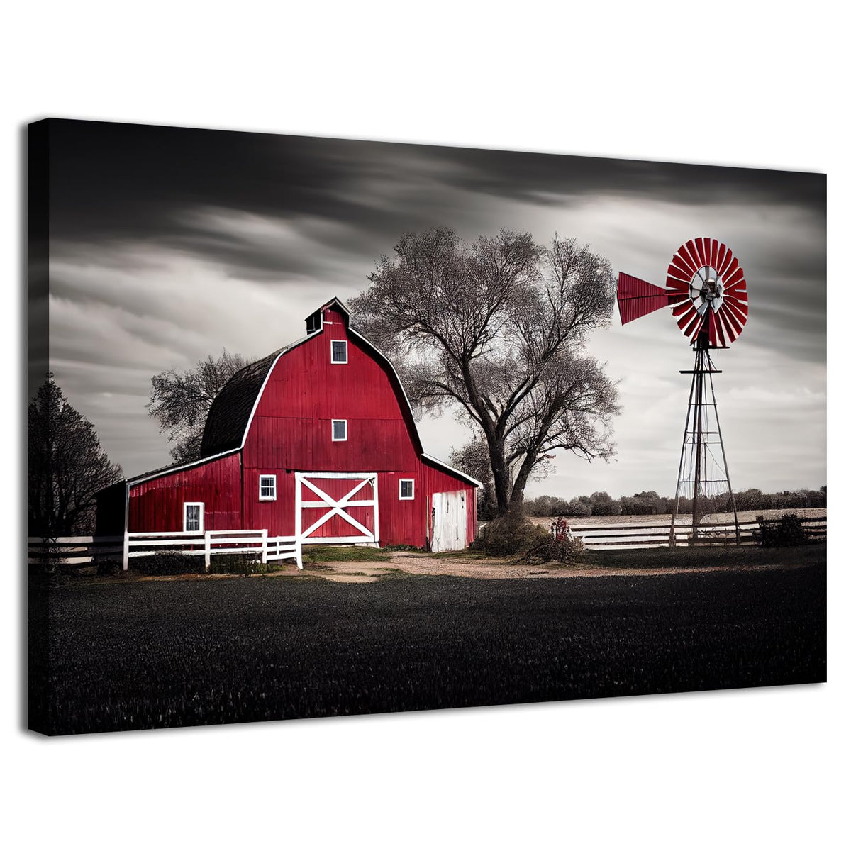 Country Wall Art Large Farmhouse Old Red Barn Canvas Picture Wood Artwork for Home Rustic Farm Scene Windmill Painting Bedroom Living Room Black and White Nature Country Landscape Wall Decor 24x36" (36"L x 24"W / Red Bran)