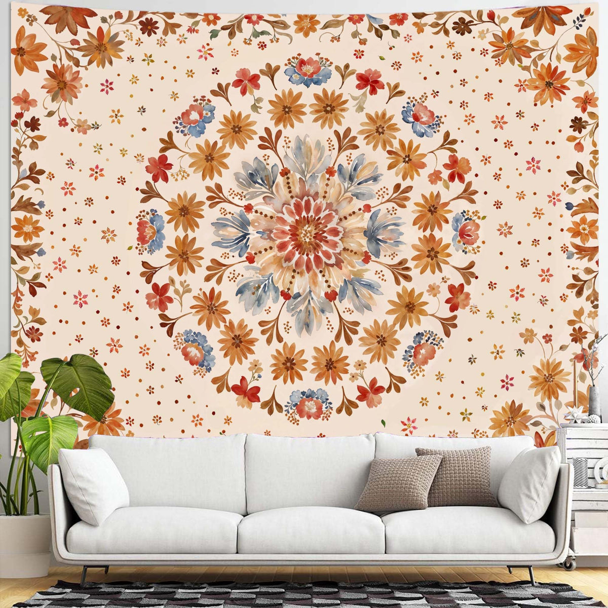 Boho Floral Mandala Tapestry Wall Hanging Watercolor Bohemian Flower Medallion Tapestry Aesthetic Beige Orange Hippie Indian Extra Large Tapestries for Bedroom Living Room Dorm Decor 90 x 68 Inch (Beige Orange / 90"L x 68"W)