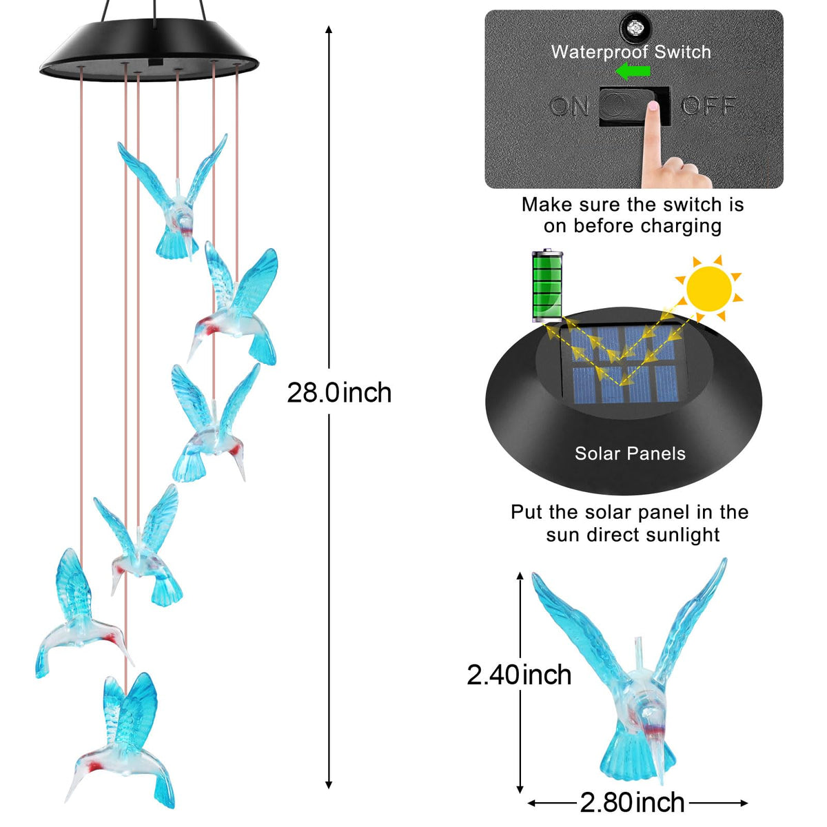 Blue Hummingbird Solar Wind Chimes Color Changing Lights Outdoor