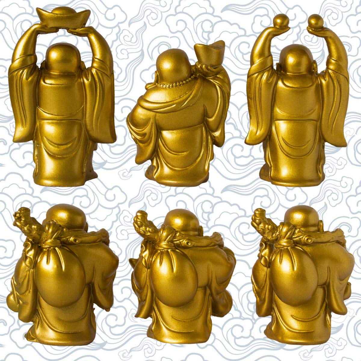 Set of 6 Laughing Happy Buddha Statue Resin Figurines Feng Shui for Luck Wealth Good Gift and Collection (Gold / 4.5'')