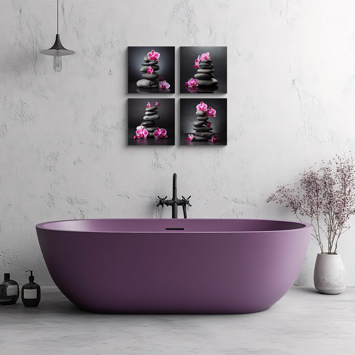Zen Wall Art Purple Orchids and Zen Stones D cor Orchid Canvas Wall Art Flowers Spa Pictures Artwork Stretched and Framed Floral Wall Art Ready to Hang for Bedrooms Living Rooms Dining Areas (12X12inchX4 / Pink Orchid & Stone)