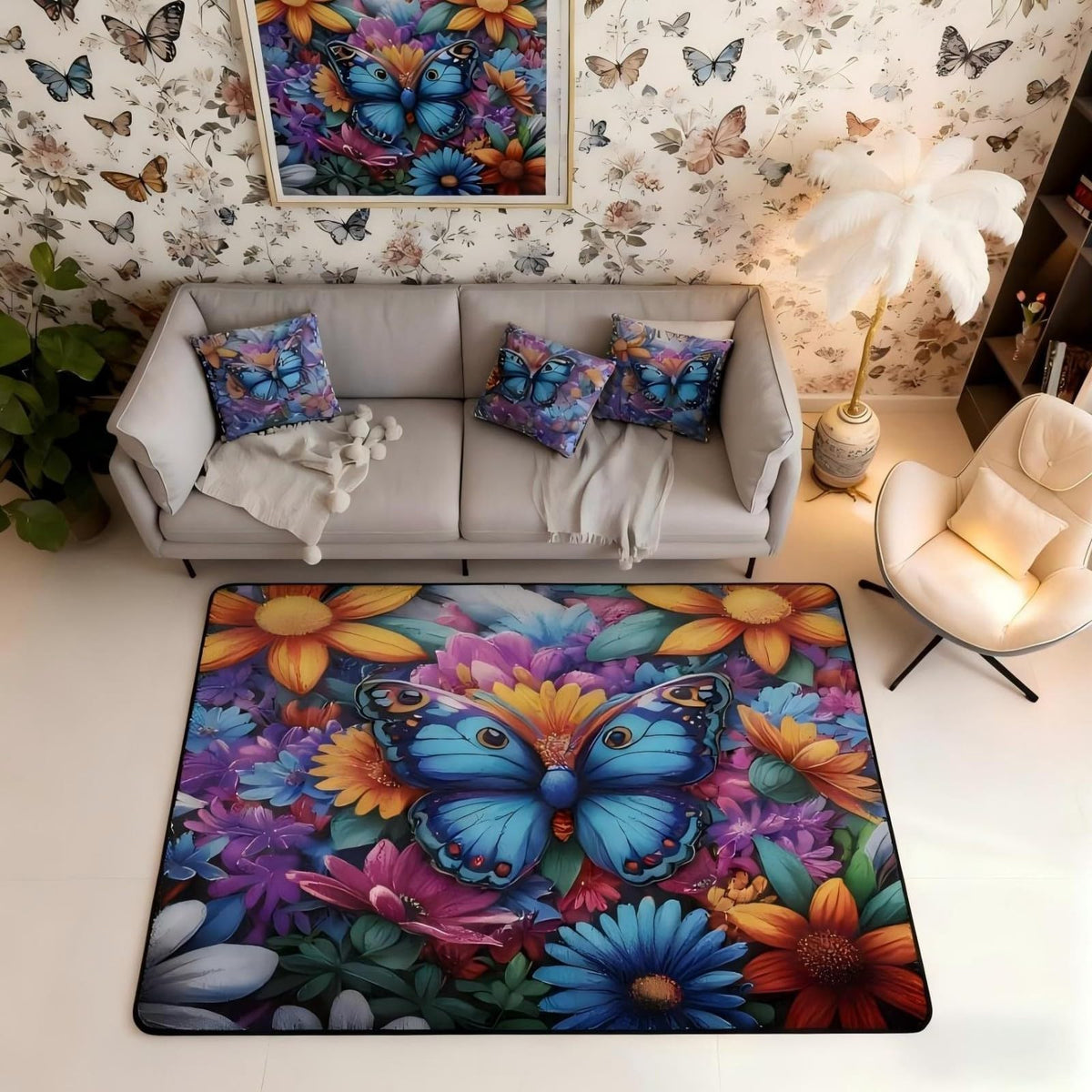 Colorful Butterfly 5x7 Area Rug Rainbow Flowers Living Room Rug (Blue Teal Orange / 4'11" x 6'6" (Rectangular))