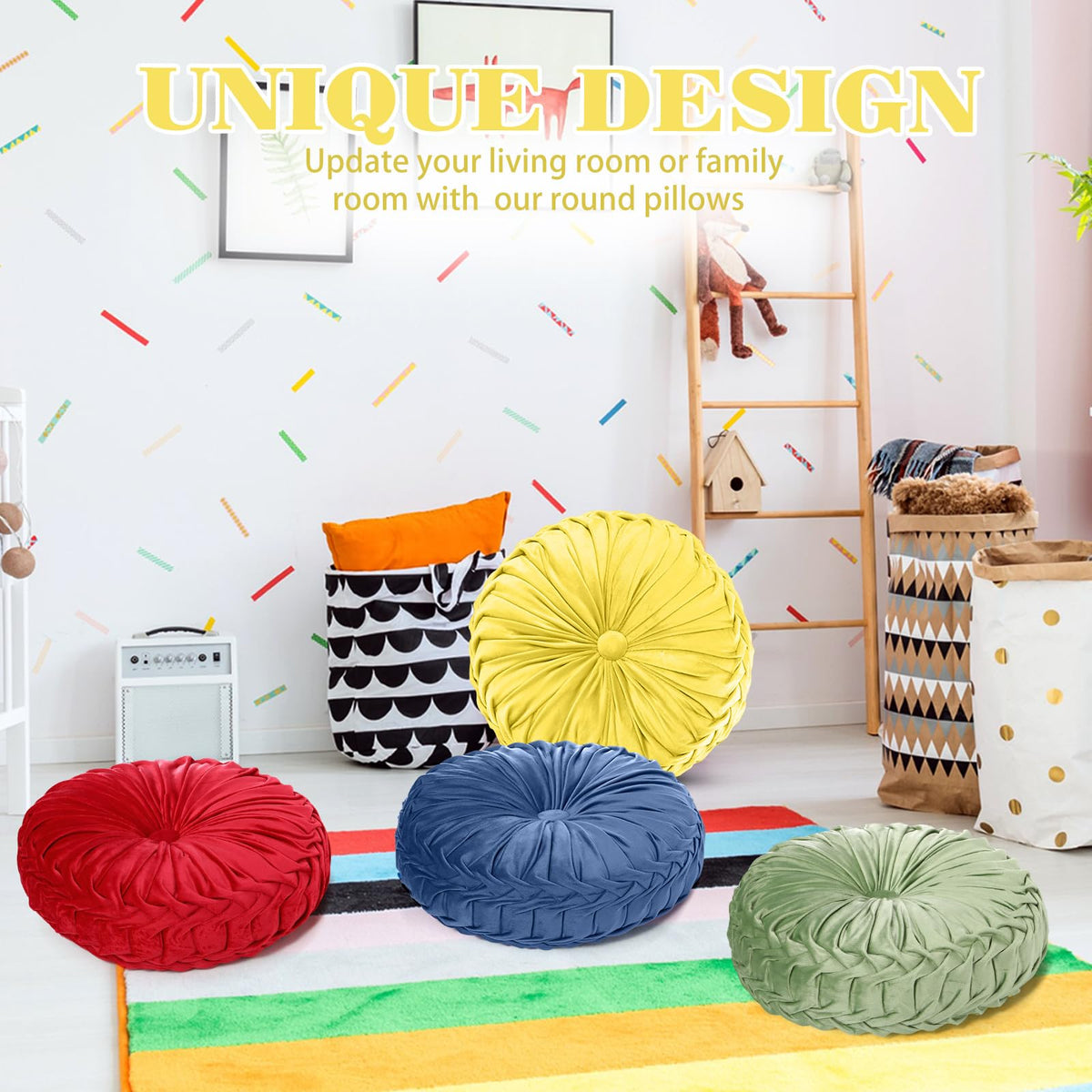 6 Pcs 15" Round Velvet Floor Cushions for Kids (Bright Color)