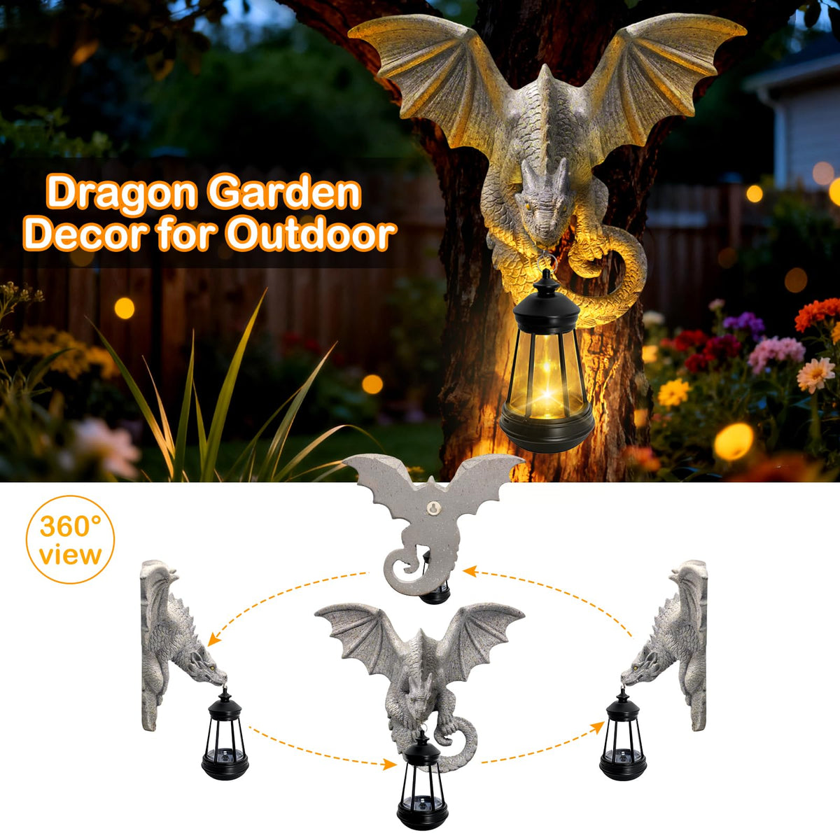 Solar Dragon Tree Hugger Garden Statue (Stone Grey - Dragon with Lantern)