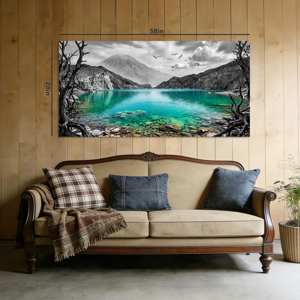 Black and White Mountain Canvas Wall Art Colorful Tropical Floral Lake Landscape Painting Flat Print Gallery Wrapped Artwork for Living Room Bedroom Bathroom Decor (Mysterious / Black Mountain Lake 19 / 46"L x 23"W)