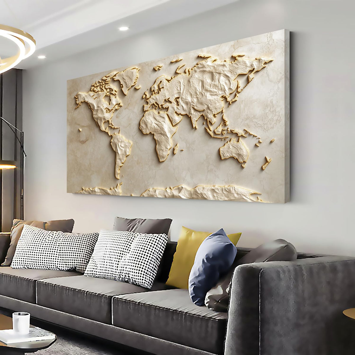 Light Gold World Map Wall Art for Living Room Office Relief (Contemporary / Light Gold World Map Wall Art / 46"L x 23"W)