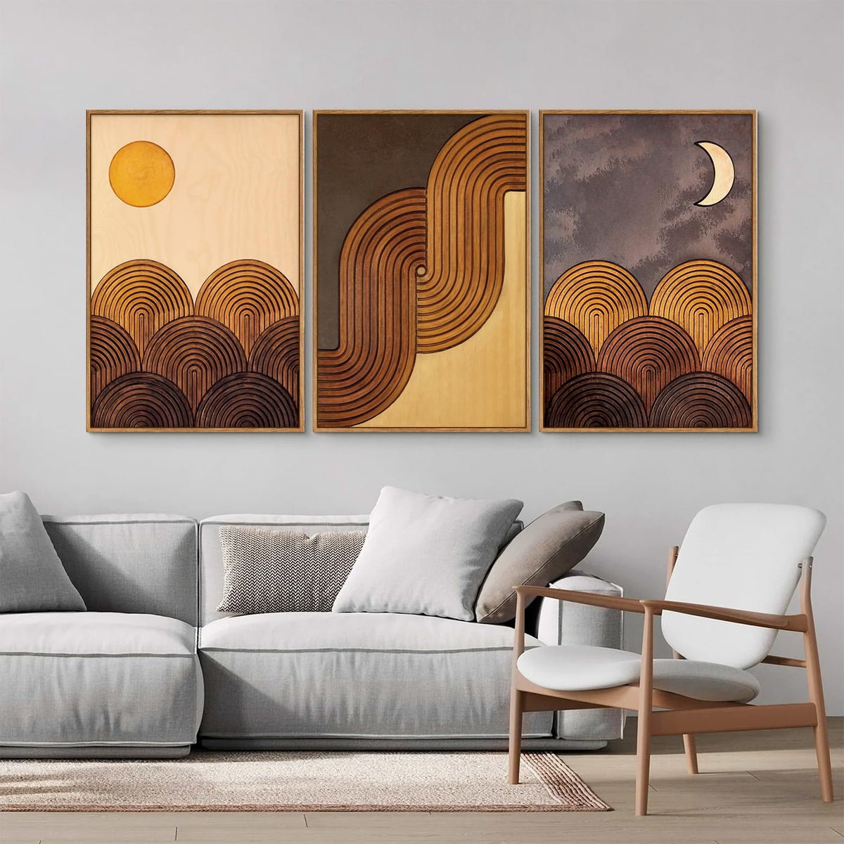 Mid Century Modern Framed Canvas Wall Art Set (Sun and Moon / 24"L x 16"W)
