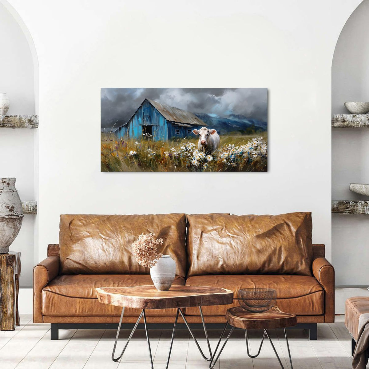 Farmhouse Barn Wall Art Cow Pictures Wall Decor Rustic Blue Barn Landscape Kitchen Wall Decor Country Wildflower Meadow Field Canvas Prints Artwork for Living Room Dining Room Home Decoration 20x40" (40"L x 20"W / Farmhouse)