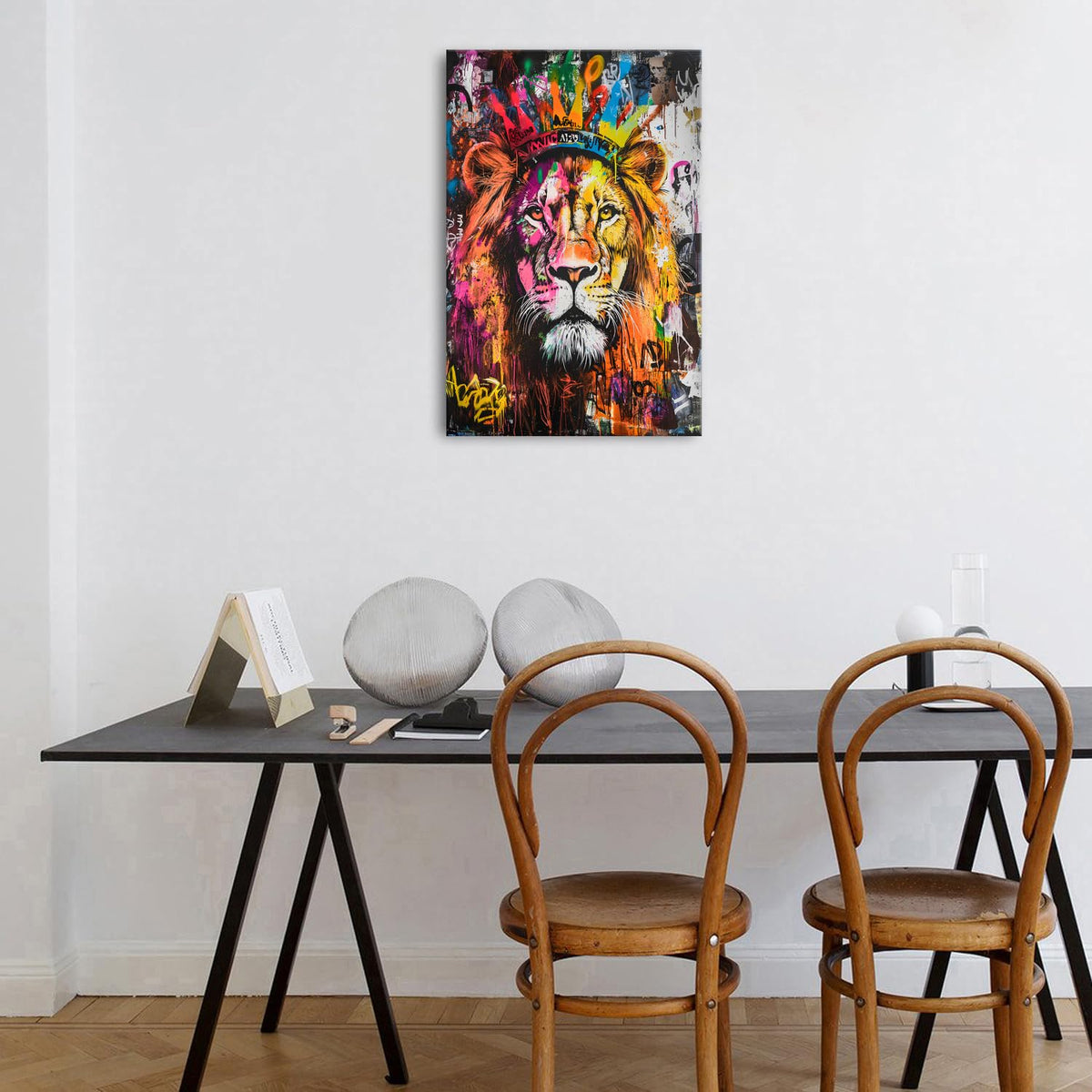 Lion Wall Decor Colorful Graffiti Wildlife Picture Wall Decor for Living Room Bathroom Gym Modern Framed Canvas Artwork Africa Lion Portrait Poster Print Wild Animal Painting Home Decorations 16x24 (24"L x 16"W / Graffiti Lion)