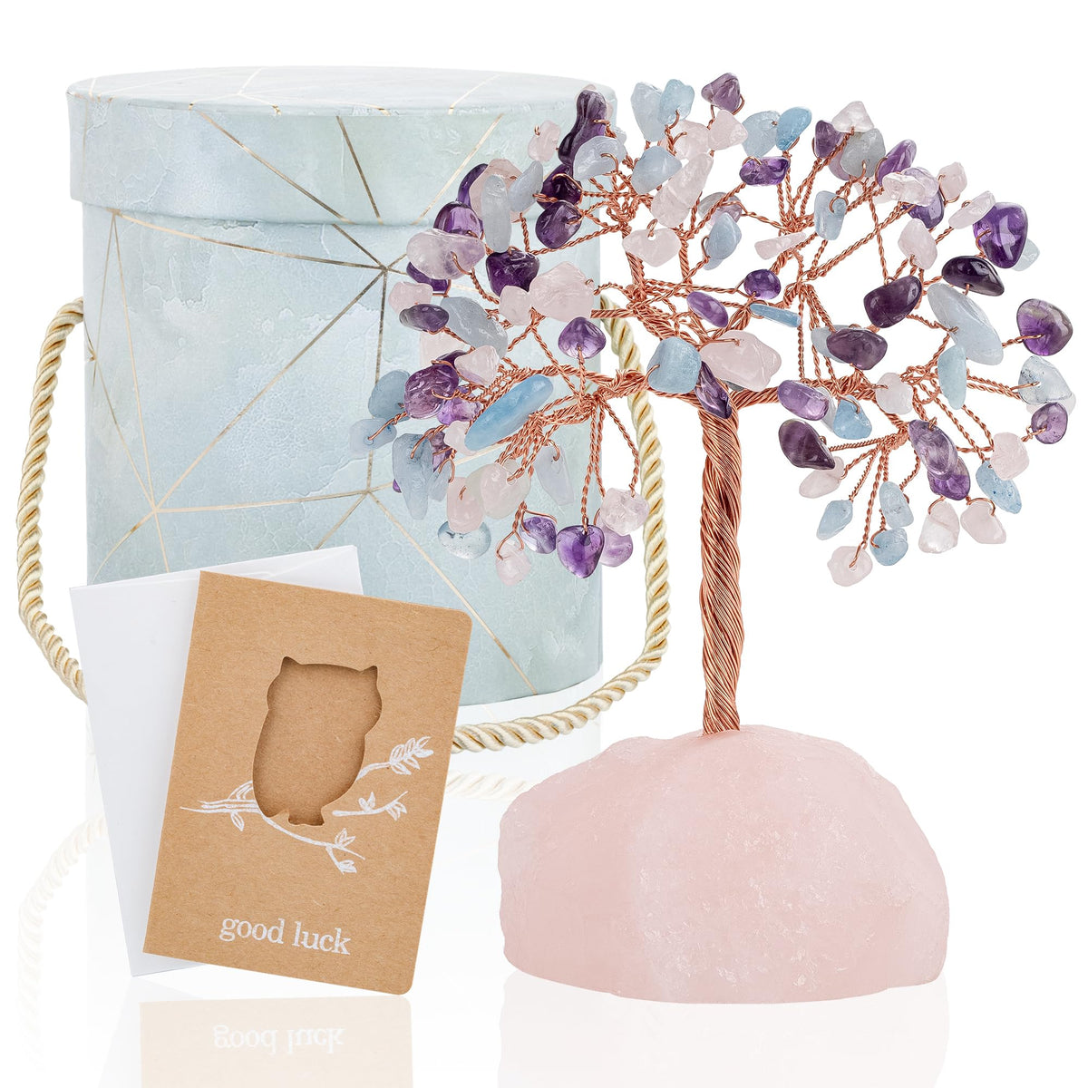 7 Chakra Healing Crystals Stones Tree of Life (Rose Quartz & Amethyst & Aquamarine_stone Pedestal)