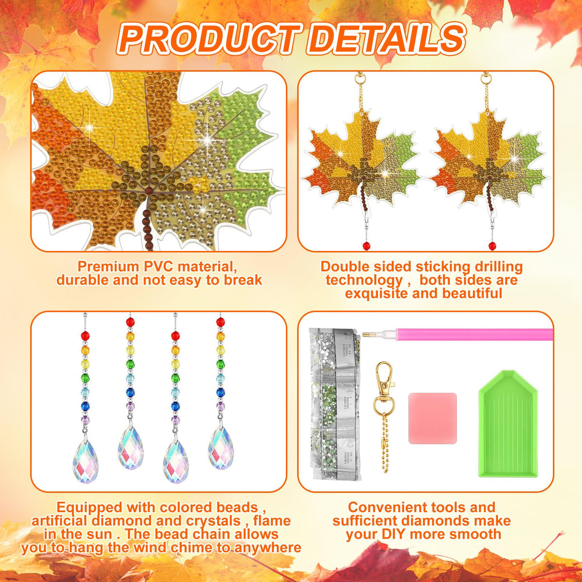 6 Pcs Fall Diamond Art Keychain Kits for Adults Diamond Painting Wind Chime (Maple Leaves)