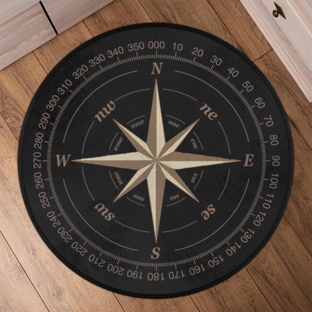 Compass Rose Round Area Rug 5Ft Artwork Black Circle Carpet Floor Mat (5 ft / Compass)