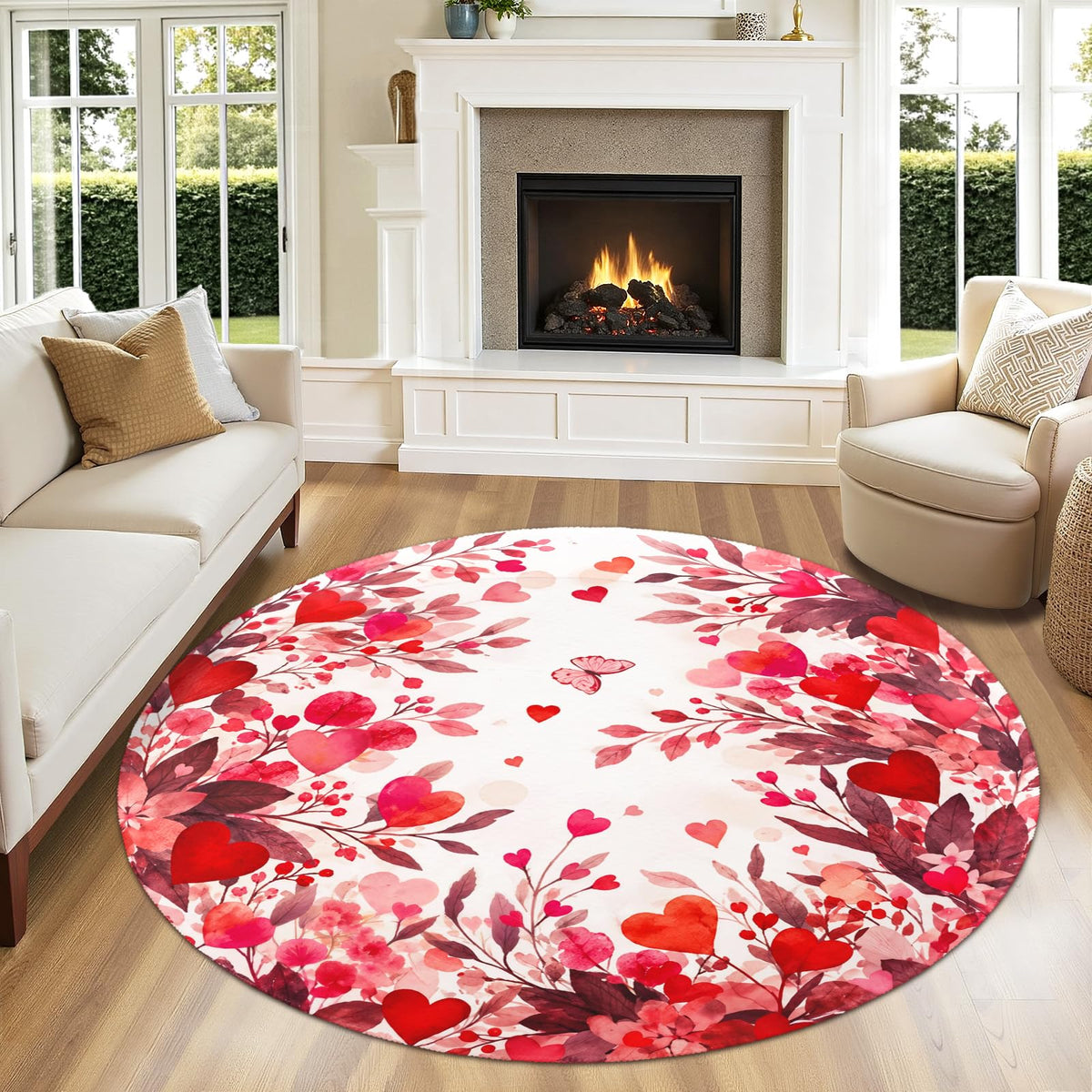 Valentines Day Round Area Rug 5ft Machine Washable Non (Love-floral Leaf / 5' (Round))